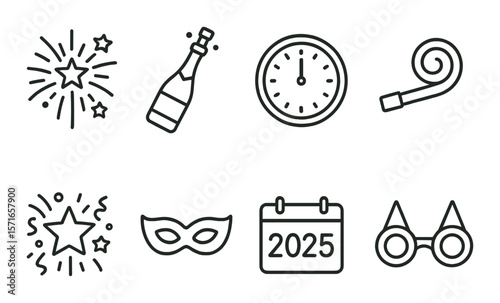 New year icon set. celebration linear elements: fireworks, champagne, clock, mask vector icons.