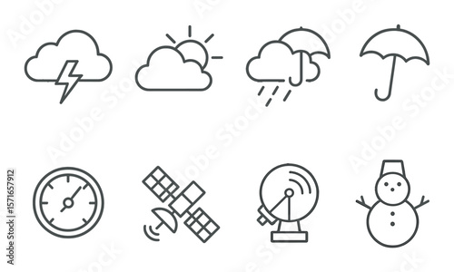 Weather symbols set. simple forecast icons—cloud, umbrella, snowman, radar, vector icons