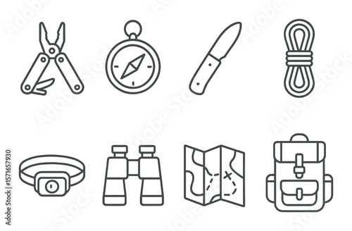 Adventure tools icon set. simple camping gear: compass, knife, rope, backpack vector icons.