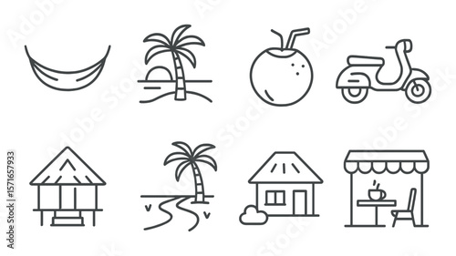 Tropical retreat icon set. vacation, beach, coconut, scooter, hut, café simple vector icons.