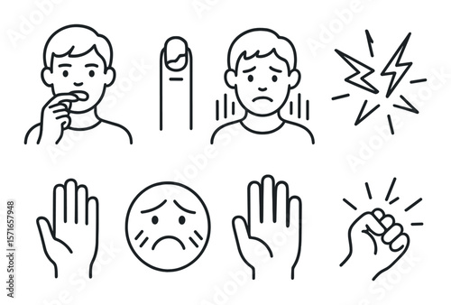 Nervous habit icon set. simple linear icons: nail, anxiety, stress, hand, face vector icons.