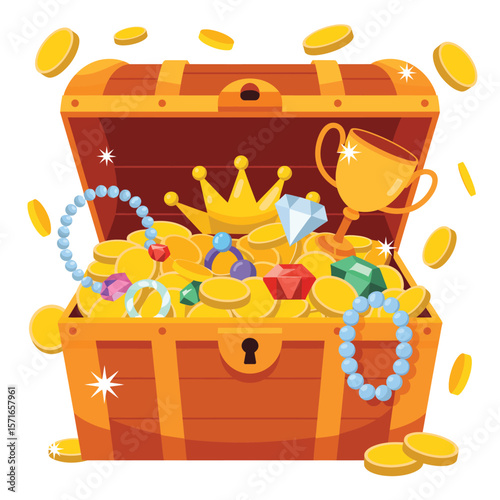 Open treasure chest overflowing with gold coins jewels crown and trophy