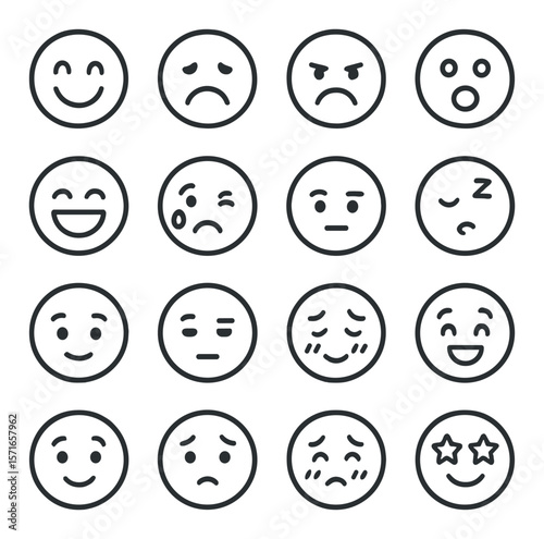 Expressive smiley face set. simple emotions, happy, sad, angry, surprised icons pack