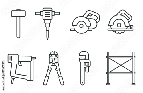 Construction tools set. simple silhouette hammer, drill, saw, wrench, scaffolding vector icons.