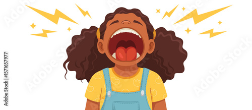 Little girl with curly hair screaming loudly with lightning bolts around her
