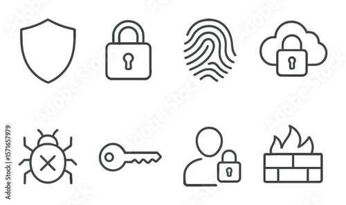Digital security icon set. lock, shield, key, firewall, cloud, fingerprint, bug linear vector icons.
