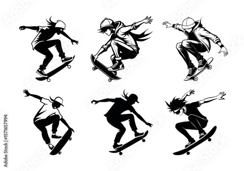 Dynamic collection of six skateboarder silhouettes performing tricks and jumps silhouette