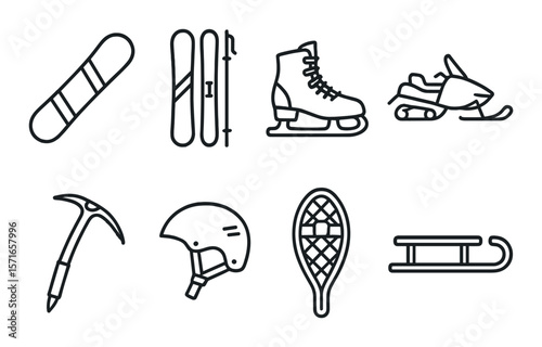 Winter sports icons set. skis, snowboard, sled, ice skates, snowmobile, flat vector icons