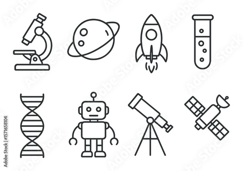 Scientific exploration set. simple universe, robot, rocket, microscope, dna vector icons.