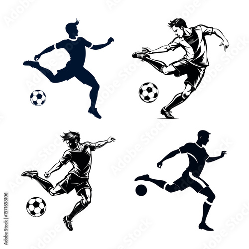 Dynamic soccer player kicking ball in action poses with detailed stylized silhouette