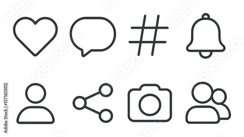 Social media icon set. simple social, heart, hashtag, bell, share, camera, user vector icons.