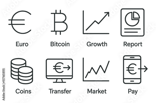 Financial icon set. banking, currency silhouette designs. euro, bitcoin, chart, pay vector icons.