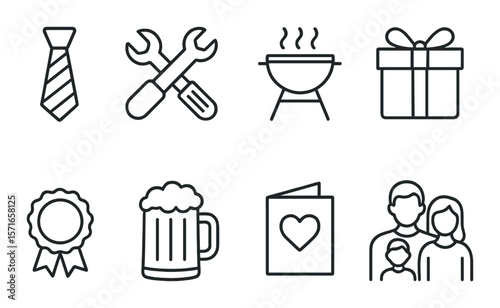 Father's day set. celebration flat icons. tie, tools, grill, gift, award, beer, card, family vector icons.