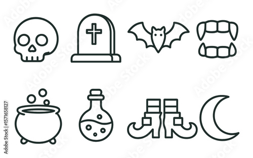 Halloween icon set. simple linear symbols: skull, tombstone, bat, fangs, cauldron, vector icons.