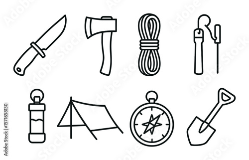 Bushcraft tools set. camping survival linear icons: knife, axe, rope, shovel, compass vector icons