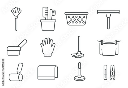 Cleaning tool set. household linear icons: brush, mop, glove, squeegee, basket vector icons.