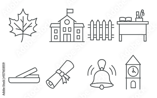 Back to school set. education silhouette icons: school, desk, bell, book, diploma, clock