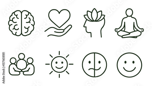 Mental health icon set. wellness, mindfulness, therapy, mood, yoga, flat vector icons