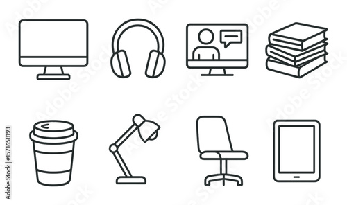 Back to school icon set. education, office, linear, books, computer, desk vector icons.