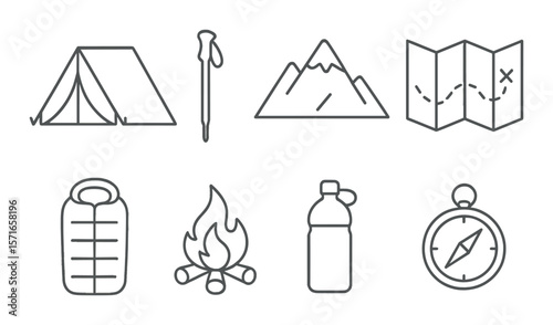 Mountain camping essentials set. simple tent, compass, map, fire, water, sleeping bag icons