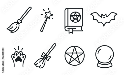 Halloween icon set. spooky silhouette icons: broom, wand, book, bat, paw, pentagram, crystal ball