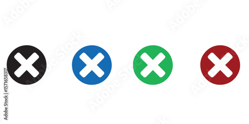Set of four circular icons with white cross symbols in black blue green and red colors