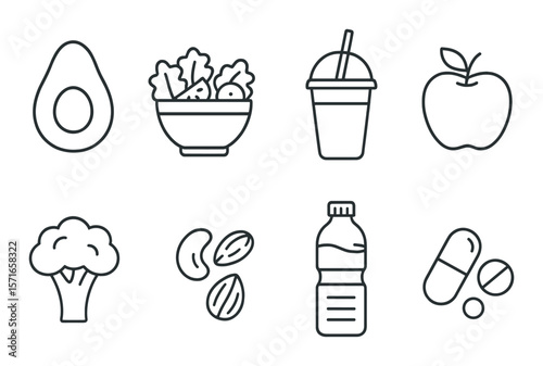 Healthy food set. simple icons of avocado, salad, smoothie, apple, broccoli vector icons.