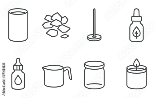 Candle crafting set. homemade candle making silhouette tools. wax, wick, jar, dropper, pourer vector icons.