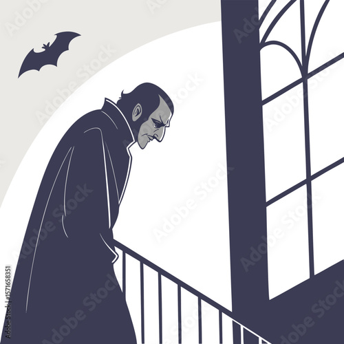 A brooding vampire in a long dark cloak stands on a staircase looking down with a bat flying in the background near a gothic window
