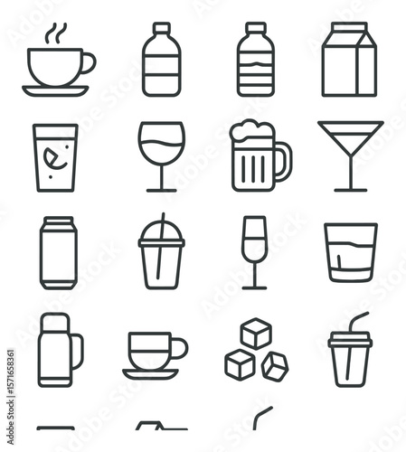 Drink icon set. simple beverage icons: cup, bottle, glass, can, mug, cocktail vector icons.