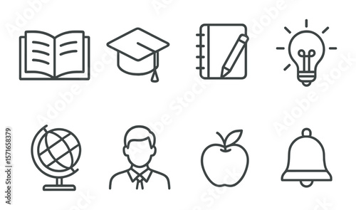 Education icon set. minimalist school silhouette. book, cap, notebook, bulb vector icons.