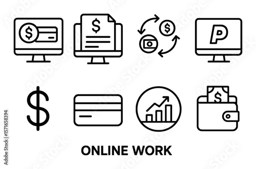Online payment icons set. simple wallet, money, card, dollar, growth, wallet linear vector icons