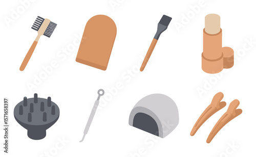 Beauty tools set. isometric style grooming. comb, brush, roller, clipper, dryer vector icons.