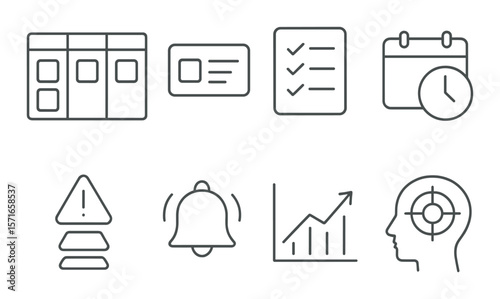 Online work essentials set. simple task, calendar, alert, growth, target vector icons.