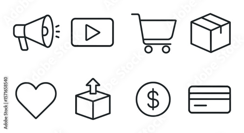 E-commerce icon set. shopping, heart, dollar, cart, box, flat vector icons.