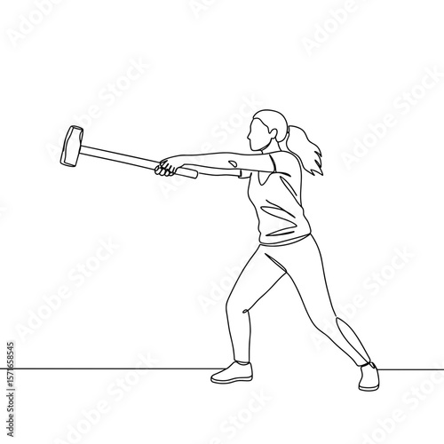 Woman throwing hammer in action with athletic stance on white background  