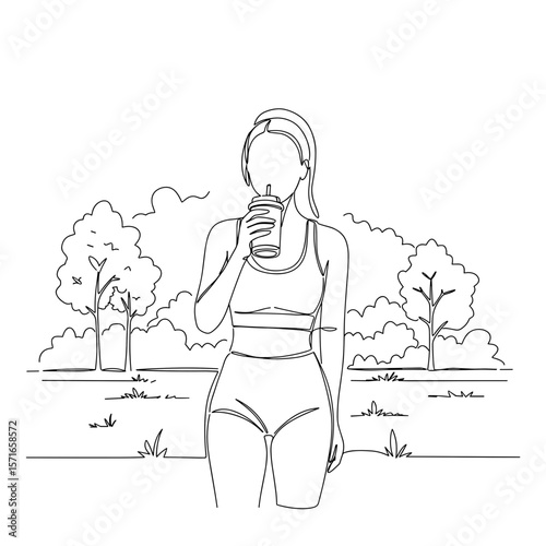 Woman drinking protein shake while standing in park enjoying nature  