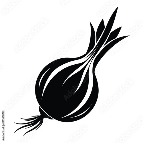 Silhouette Illustration of a Single Onion with Stalk and Roots, Isolated Element