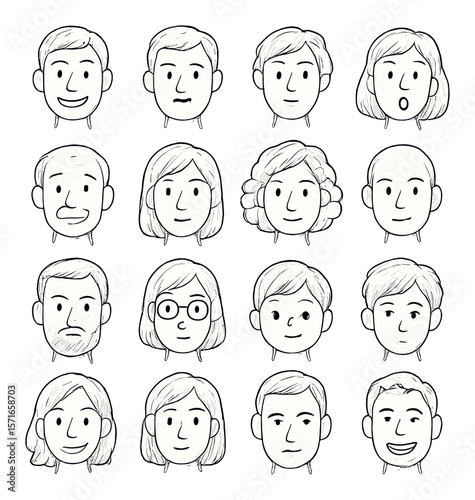 Emotional faces set. simple linear expressions: happy, sad, surprised, angry, neutral vector icons.
