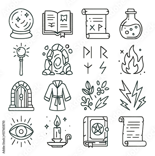 Fantasy wizard's workshop set. magic, spells, potions, robe, wand, book, scroll silhouette vector icons.