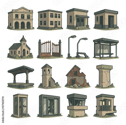 Abandoned urban set. simple architectural shelters, ruins, structures, buildings vector icons