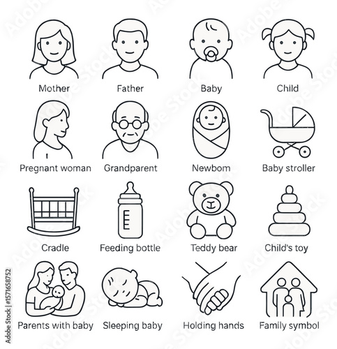 Family icon set. simple linear family, baby, parent, child, stroller, teddy vector icons.