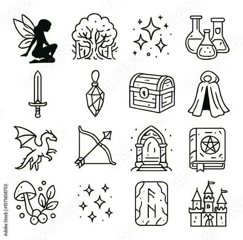 Fantasy icon set. mythical adventure simple icons: fairy, sword, dragon, castle, potion