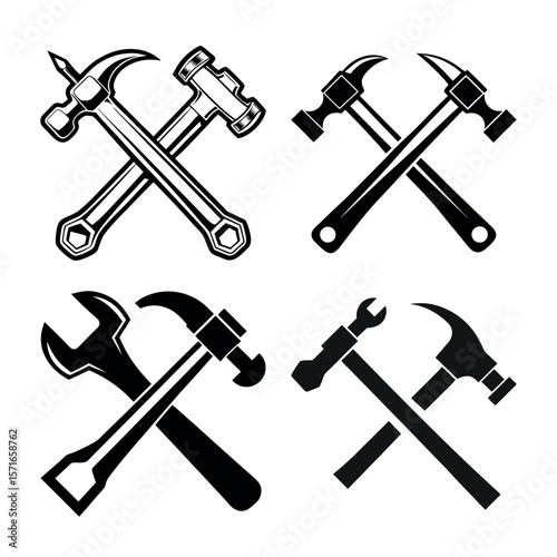 Four crossed hammers and wrenches set of tools graphic design silhouette