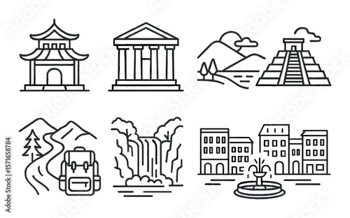 Country icon set. travel and landmark linear icons. temple, museum, mountain, pyramid, backpack, waterfall, city, fountain vector icons.