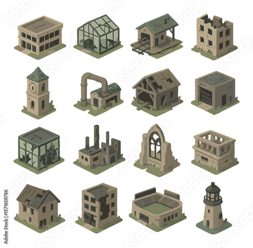 Abandoned urban structures set: simple cityscape linear icons. factory, house, lighthouse, warehouse vector icons