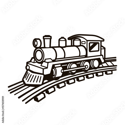 Toy train engine on curved tracks in simplistic sketch style  