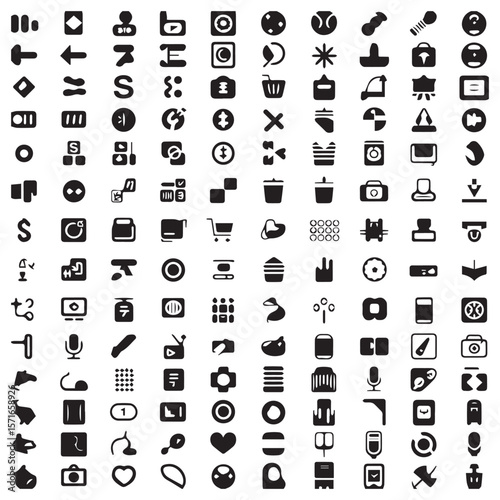 Collection of diverse black and white icons representing various concepts and objects in a grid layout