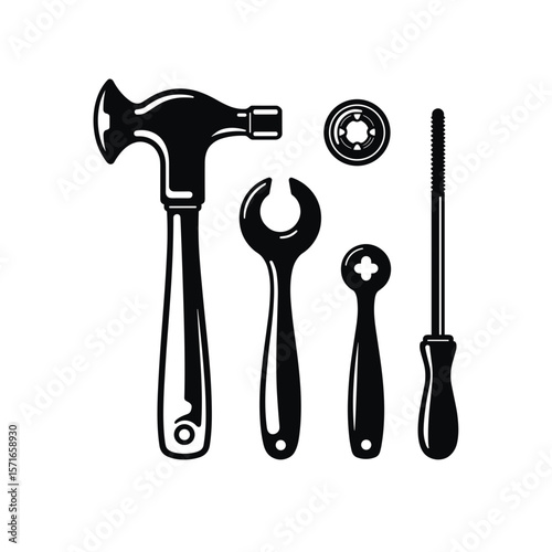 Black tool set including hammer, wrench, screwdriver, and socket  