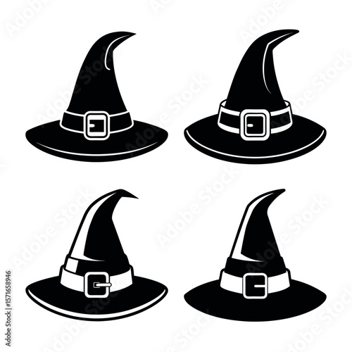 Four black witch hats with buckles and white outlines in silhouette style